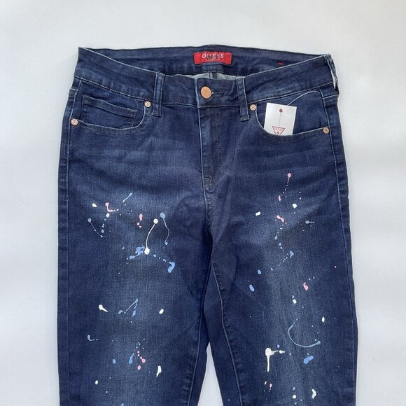 Guess Women’s High Rise Skinny Jeans Painted Splitter Details In Blue Size 28 - Picture 4 of 13